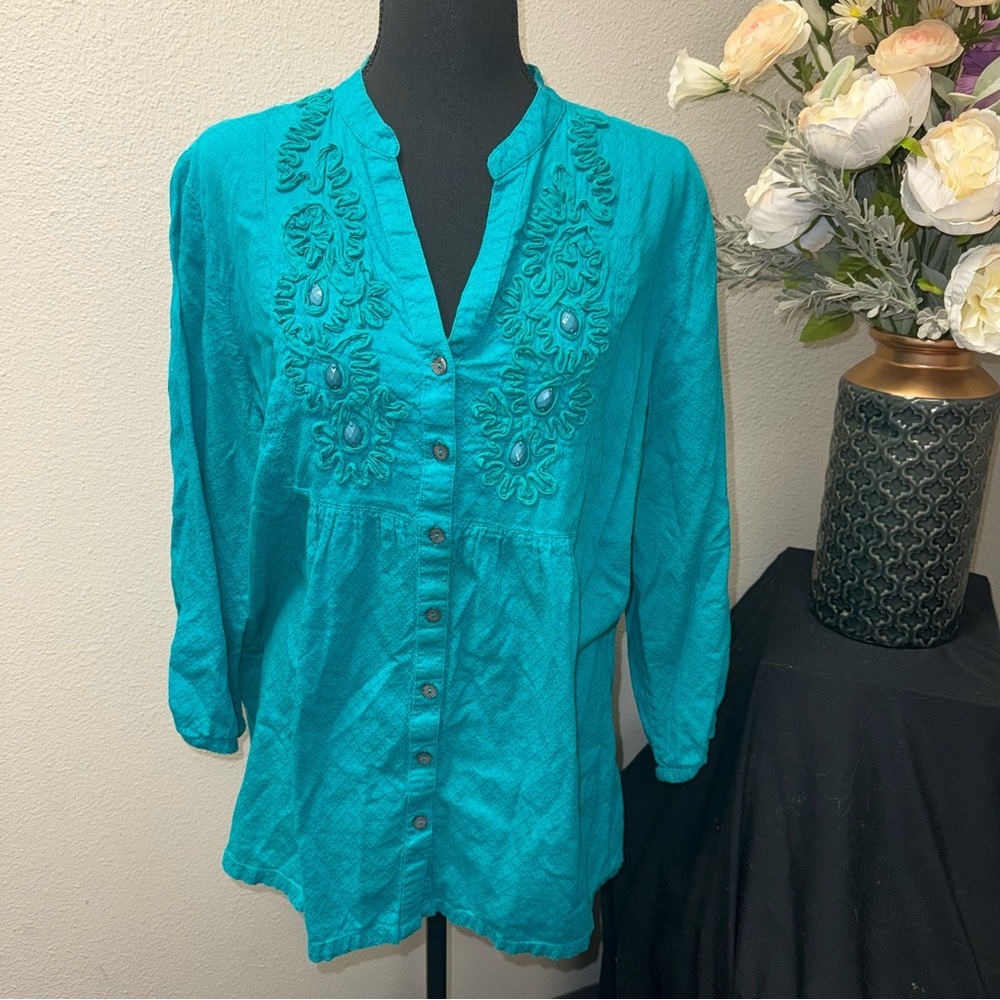 Erika Teal Boho Embroidered Button Front Tunic Top XL